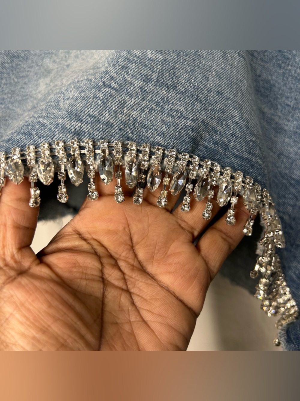 Good American Blue Denim Jean Shorts with Rhinestone Fringe - Picture 3 of 13